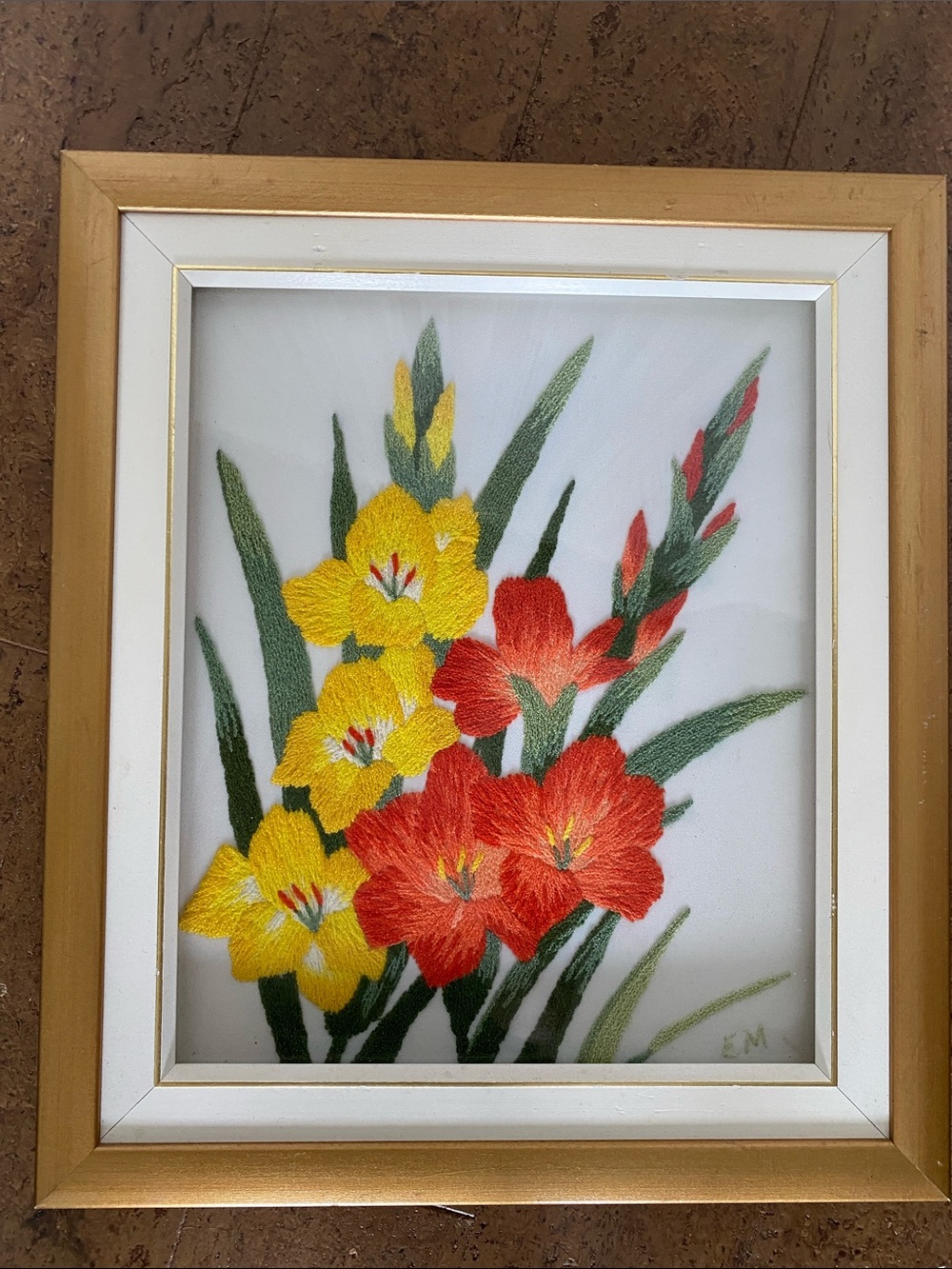 Framed Floral Japanese Embroidered Art – Yellow & Red Gladiolus